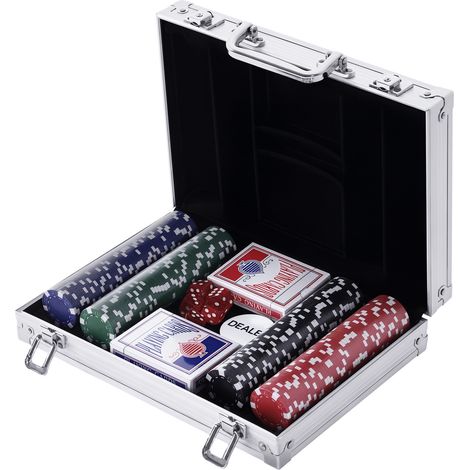 Coffret poker aluminium 200 jetons 2 jeux cartes 5 dés, jeu complet Texas Hold’em loisir entre amis