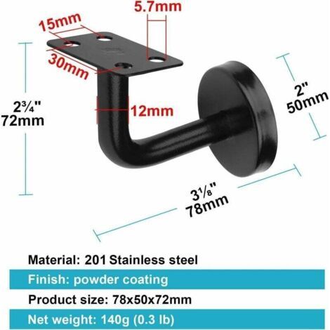 NALOOKAMIC Lot de 8 Pièces Supports de Main Courante d'Escalier,Supports de Rampe d'Escalier, en Acier Inoxydable, Charge maximale 60 kg, Pour Rampes d'Escalier Intérieures et Extérieures (Noir)