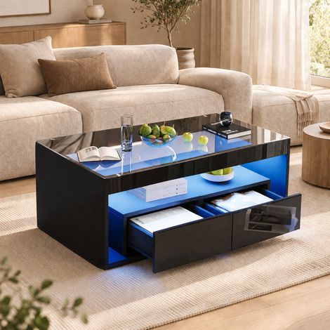 Mesa de centro LED 100x50x40 cm de madera y cristal templado negro FLORAGRACE (1/5)