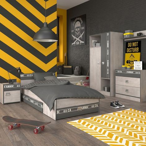 Chambre lit 90x200 avec tiroirs + 1 chevet + 1 armoire + 1 commode aspect bois grisé - ZIGGY (1/5)