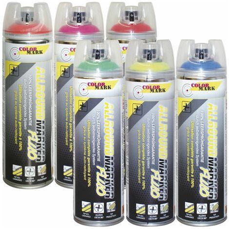 vasalat Dupli-Color Markierungsspray mit 360 Grad Ventil Set - Markierspray Neon gelb, orange, rot, blau, pink, grün für professionelle Markierungen, 6 Stück (1/5)