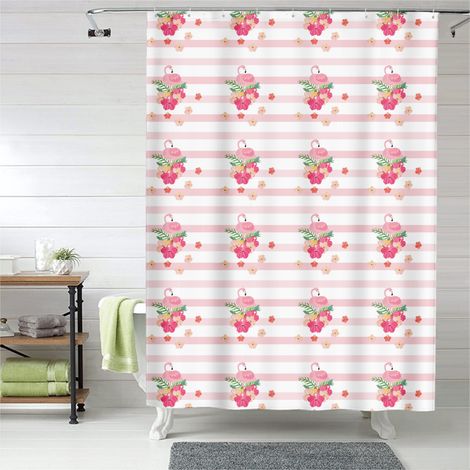 Rideau de douche motif flamant rose fleurs, rideau salle de bain, 90x180 cm (1/5)