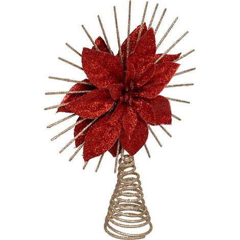 Cimier de Sapin Pailleté "Poinsettia" 25cm Rouge & Champagne