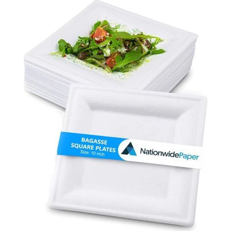 APEX Assiettes carrées en papier biodégradable de 25 cm, assiettes jetables blanches en bagasse, assiettes résistantes (50 pièces) (1/5)