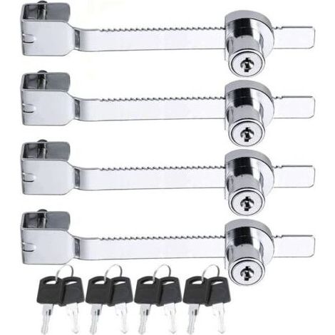 Lot de 4 verrous de scie coulissante avec clé pour vivarium terrarium vitrine serrure à cliquet serrure verrou vitrine en verre pour porte en verre, clés identiques Argenté (1/5)