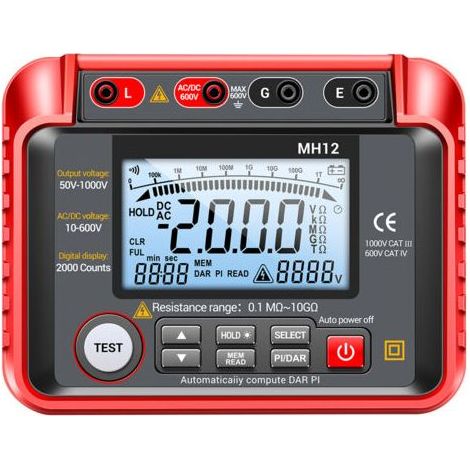 Isolamento tester digitale MH12 1000V – campo di misura 0,1 MΩ 20 GΩ – Display LCD da 2000 punti – Impermeabile IP54 (1/5)