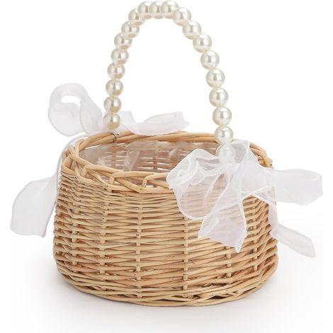 Panier de demoiselle d'honneur, panier de fleurs de mariage avec poignée en perles et nœud, panier de fleurs en satin avec nœud pour mariage, panier de fleurs rustique en osier tissé à la main, panier