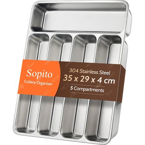 Organisateur Tiroir, Inox 304, Lavable 35x29x4cm, 5 compart, Stable, Silencieux, Lave-vaisselle, Polyvalent (1/5)