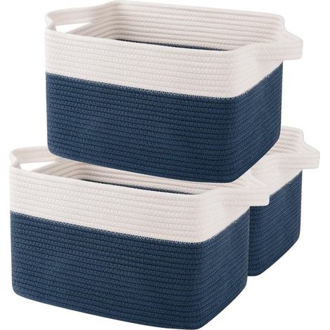 Cestas de almacenamiento - Cestas de cuerda de algodón trenzada para estantes, organizadores de juguetes y toallas, paquete de 3, azul y blanco (1/5)