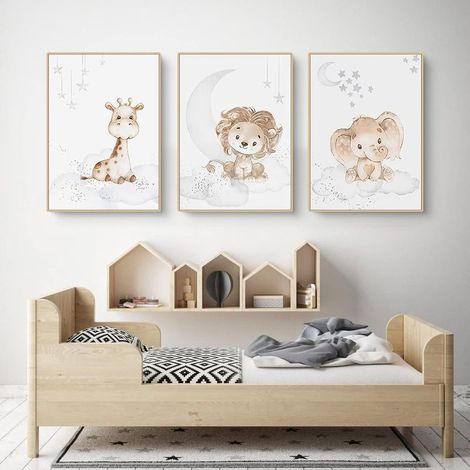 Lot de 3 affiches pour chambre d'enfant - lapin, girafe, lion, éléphant, lune, étoiles et animaux - décoration chambre d'enfant - sans cadre - imprimé animal - convient aux garçons et aux fille (1/5)