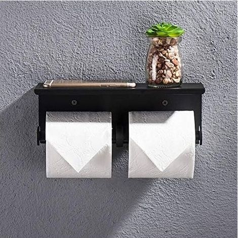 Double toilet roll holder, wall-mounted toilet paper holder with two rolls, 304 stainless steel toilet roll holder, drill-free toilet roll holder for bathroom (black) (1/5)