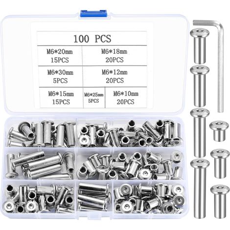 Lot de 100 écrous à douille M6, écrous à six pans creux, pour connecter des meubles, des canapés, en acier nickelé (M6) (1/5)