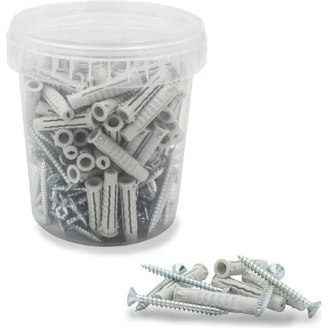 Viti e tasselli per muro Secchiello con 100 Tasselli a muro in Nylon e 100 viti in acciaio da 8x40 mm - Tasselli universali ad espansione per fissaggi (1/3)