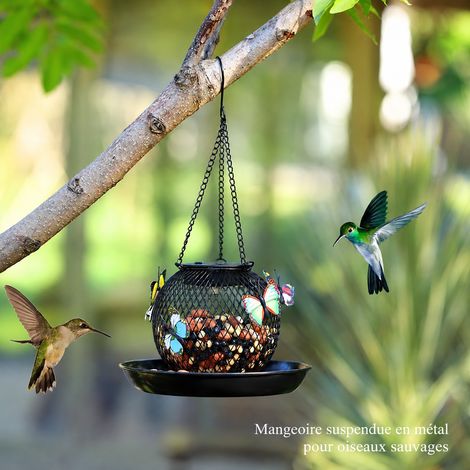 Mangeoire à oiseaux solaire papillon en fer forgé avec lampe LED de jardin réf 7542 16,5 × 16,5 × 17,5 cm 350 g – Livraison gratuite