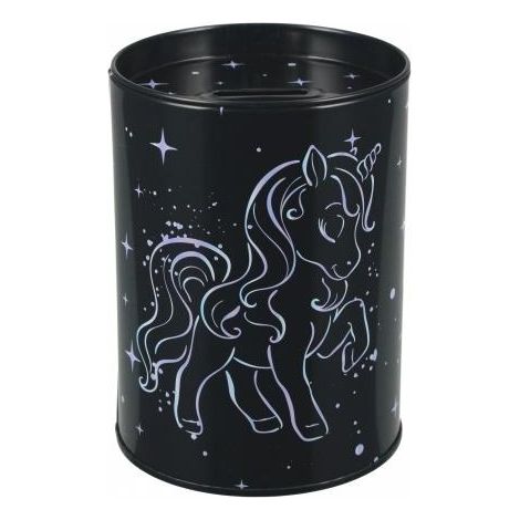 Salvadanaio rotondo in metallo olografico a forma di unicorno