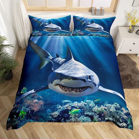 Housse de Couette 140x200 Enfant Requin avec 1 Taie d'oreiller, Parure de Lit Bleu Océan pour Garçon Fille, Sets de Housses de Couettes Poisson de Mer, Couvre Lit Animaux Sauvages - 140x200cm + 1 Taie (1/5)