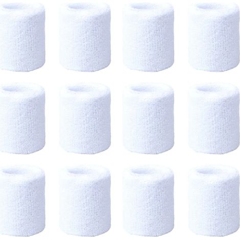 Paquete de 12 muñequeras deportivas, hechas de algodón suave y grueso, que absorben el sudor, adecuadas para deportes como fútbol, baloncesto, tenis y gimnasia (blancas).
