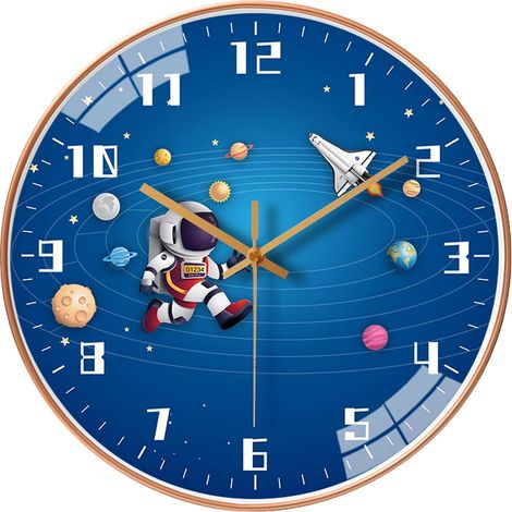 Horloge murale silencieuse pour enfants de 20 cm, horloge ronde sans tic-tac fonctionnant à piles, style voyage spatial, décoration pour la maison, l'école, la chambre de garçon ou le salon (Bleu-2) (1/5)