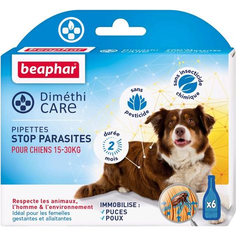 Pipettes Stop parasites pour Chien Moyen 15-30 kg - Contre puces, tiques et poux - sans Pesticide et sans Insecticide Chimique - À l'Aloe Vera - Durée 2 Mois - 6 pipettes (1/5)