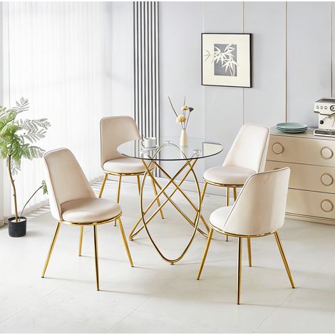 Set da pranzo con tavolo e 4 sedie in velluto e metallo crema bianco, gambe placcate oro (1/5)