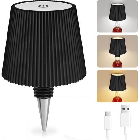 Lampe LED pour bouteille - 3 Températures de couleur réglables - Commande tactile - Étanchéité IP54 - Rechargeable USB-C - Pour salle à manger, jardin, bar, chambre - Noir