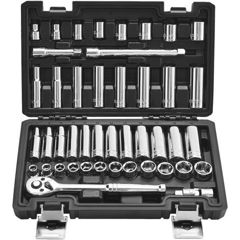 Steckschlüsselsatz 44-tlg. 9,5 mm Antrieb, Steckschlüssel- und Ratschensatz, SAE und metrisch, tief und flach, mit Zubehör Aufbewahrungskoffer, CR-V-Legierungsstahl, für Autoreparatur (1/5)