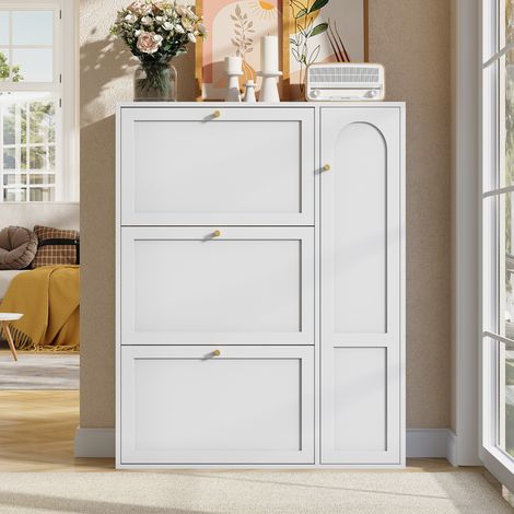 Zapatero 90x25x114 cm blanco en MDF y tablero de partículas con 3 abatibles, 1 puerta lateral y separadores ajustables (1/5)