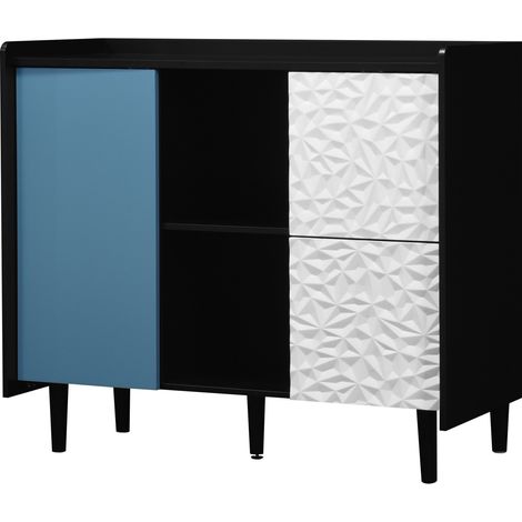 Buffet noir avec portes bleues, 2 tiroirs et compartiments ouverts, meuble de rangement moderne pour cuisine et salle à manger (1/5)