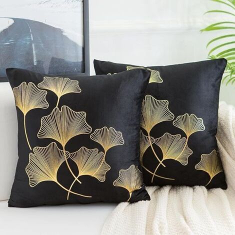 Cushion Cover 45x45cm Black Flannel with Golden Ginkgo Leaves, Soft and Elegant, Set of 2 for Sofa and Bedroom (1/5)