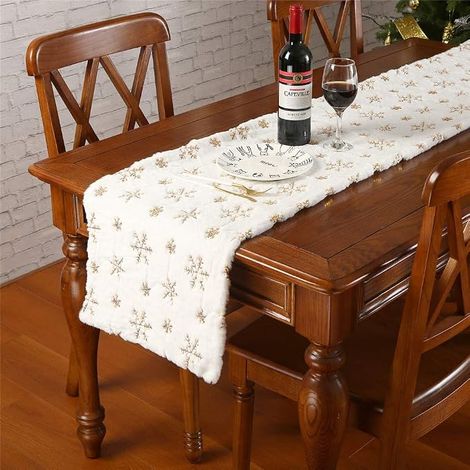 Nappe de table de Noël en fausse fourrure blanche avec flocons de neige à paillettes dorées, décoration de table luxueuse, très douce et épaisse pour vos vacances de Noël, 15x72 pouces (1/4)