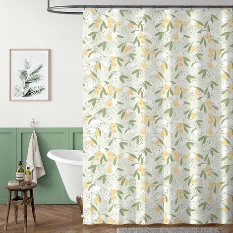 Rideau de douche fleuri à motifs végétaux verts et blancs, style botanique, pour salle de bain. Tissu imperméable moderne et élégant, avec 12 crochets (Loquat). (1/5)