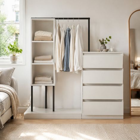 Dressing ouvert avec tiroirs et penderie, 140 x 40 x 135 cm, blanc et noir DESVIAE