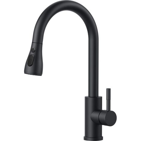 Robinet de cuisine noir, mitigeur extractible, robinet d'évier à arc élevé pivotant à 360° avec douchette extractible à 2 modes. (1/5)