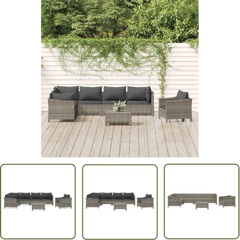 The Living Store 8-tlg. Garten-Lounge-Set mit Kissen Grau Poly Rattan - Gartenmöbel - Loungemöbel - Rattan Möbel - Outdoor Möbel - Balkonmöbel (1/5)