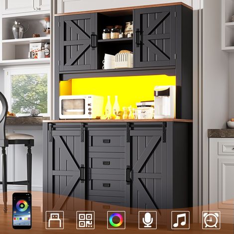 Enfilade cuisine 115x40x174,7cm buffet haut noir, portes coulissantes et éclairage LED, rangement spacieux (1/5)
