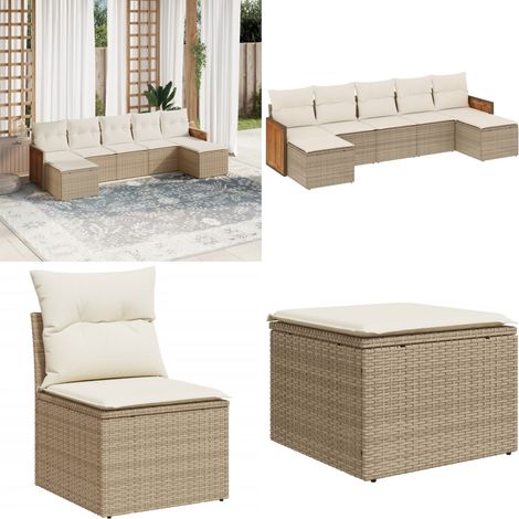 7-tlg. Garten-Sofagarnitur mit Kissen Beige Poly Rattan - Gartensortiment - Gartenmöbelset - Lounge Set - Rattan Möbel - Polyethylen Furniture - Home & Living (1/5)