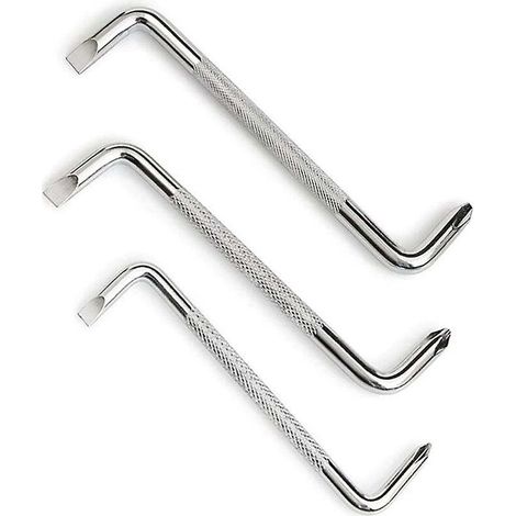 Set aus 3 versetzten Schraubendrehern, bestehend aus einem magnetischen Schlitzschraubendreher, einem Z-Schraubendreher und einem Kreuzschlitzschraubendreher.