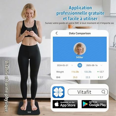 Balance Pese Personne Numérique, Balance Poids IMC avec App, Spray Argent Noir (1/4)