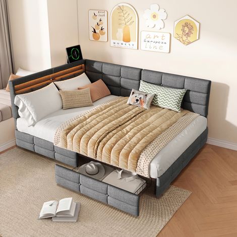 Lit coffre 140x190 cm avec 2 tiroirs, Canapé-lit capitonné en L avec éclairage LED et rangement, Velours Gris, Sommier à lattes, Charge max 250kg