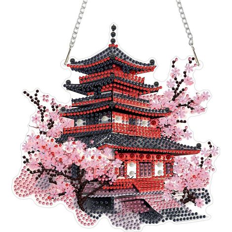 Diamond Painting Anhänger Set Japan Tempel Kirschblüten mit Kette