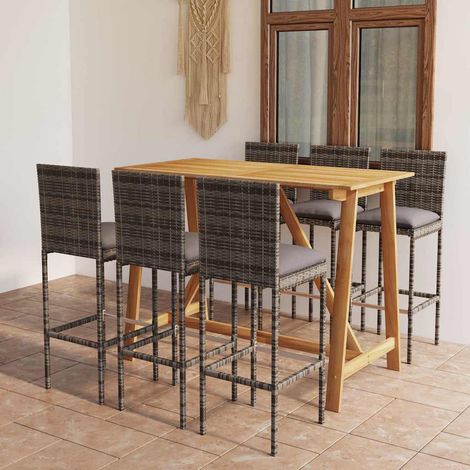 Ensemble Table de bar + 6 Chaises de bar de jardin - Table Haute avec 6 Tabourets avec coussins Gris BV162835 - BonneVie (1/5)