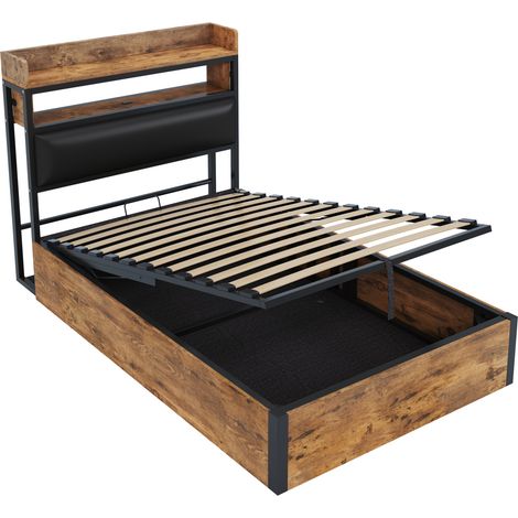 Letto contenitore 90 x 200 cm con sollevamento idraulico, USB, testiera imbottita, nero (1/5)