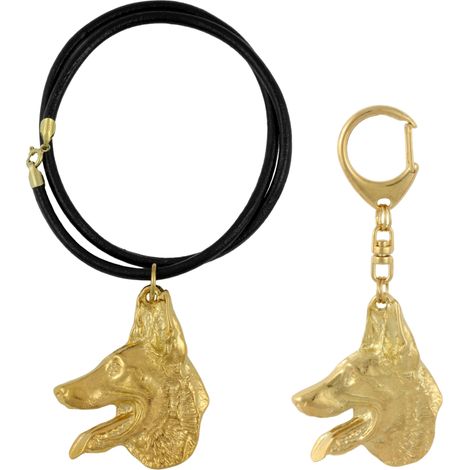 Berger Belge, Chien de berger belge I - porte-clés et collier représentant un chien dans une boîte, produit plaqué or de haute qualité, marque Art-Dog (1/5)