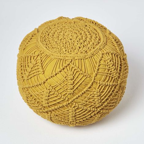 HOMESCAPES Mustard Crochet Knitted Pouffe 35 x 40 cm (1/5)