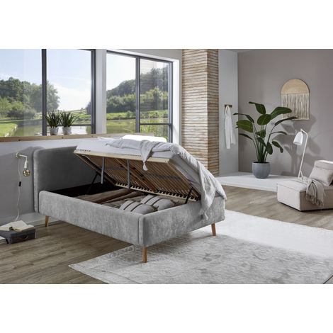 Meise Möbel Stauraumbett Mattis 140x200 cm Doppelbett Bettkasten & Lattenrost (Federholzrahmen) Strukturstoff Grau Holzfuß eichefarbig (1/5)