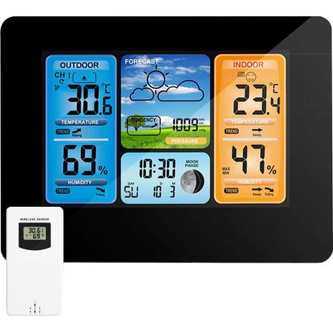 Station Météo Interieur Exterieur sans Fil, Station de Prévision Numérique des Couleurs, avec Capteur Extérieur, Temps, Température, Humidité, Baromètre, Réveil (1/5)