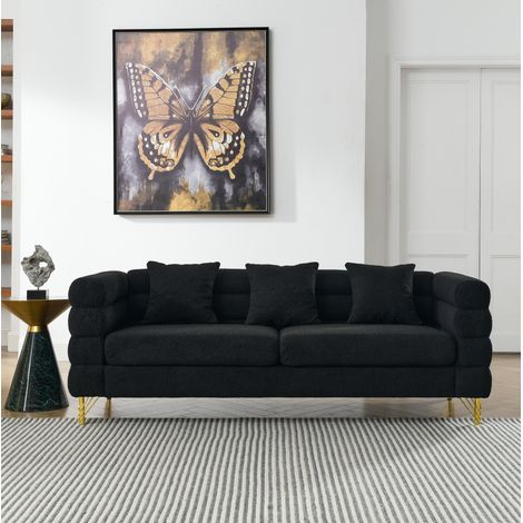 Canapé 3 places en tissu peluche noir, pieds métal doré, design nuage pour salon – MEUBLIV (1/5)