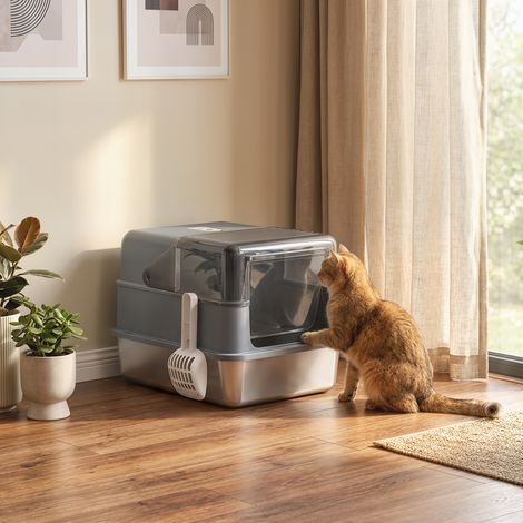 Maison de Toilette Chat en Acier Inoxydable 2 en 1 Bac à Litière Fermé avec Couvercle et Pelle Grand Gris (1/5)