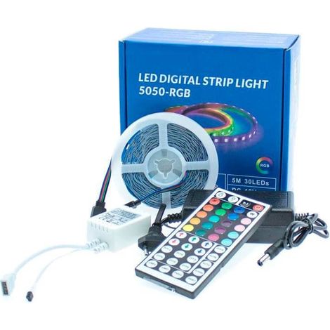 IluminaShop - Kit Tira LED 24 W 12V 150LED IP20 RGB con Mando y Fuente de Alimentacion (5 metros)  RGB (1/4)