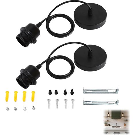 2 x E27 Pendant Lights with Screw Ring, Lampenaufhängung E27, Lamp Holder with Adjustable Cable 100 cm, E27 Socket for Lampshades, DIY Ceiling Light, Black (1/5)
